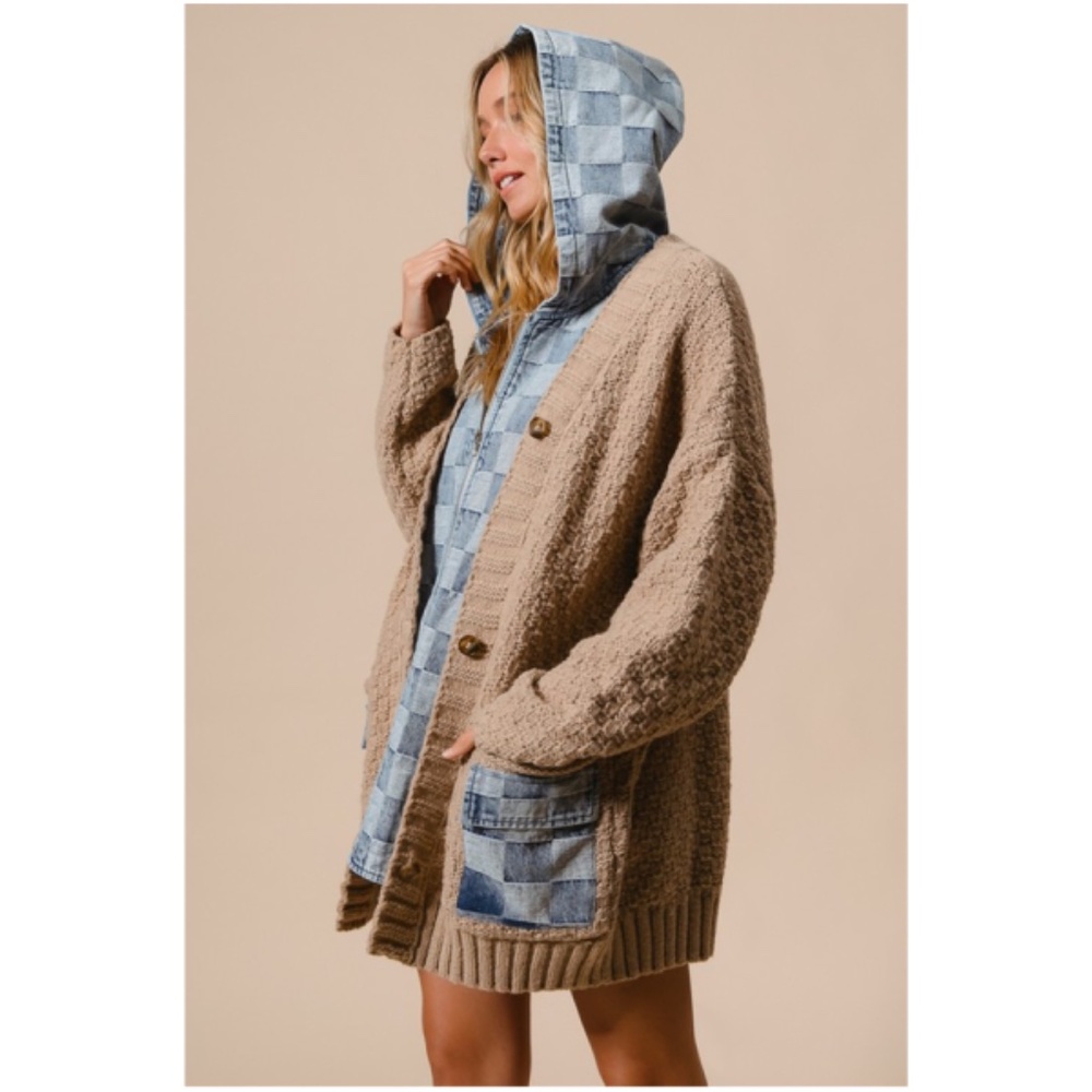 Cozy Checkered Plaid Denim Mixed Fabric Knit Cardigan Jacket Shacket - Picture 6 of 8